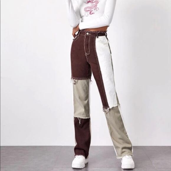 Distressed Patchwork Tri-Tone Hi Rise Jeans Size XS - Picture 1 of 8